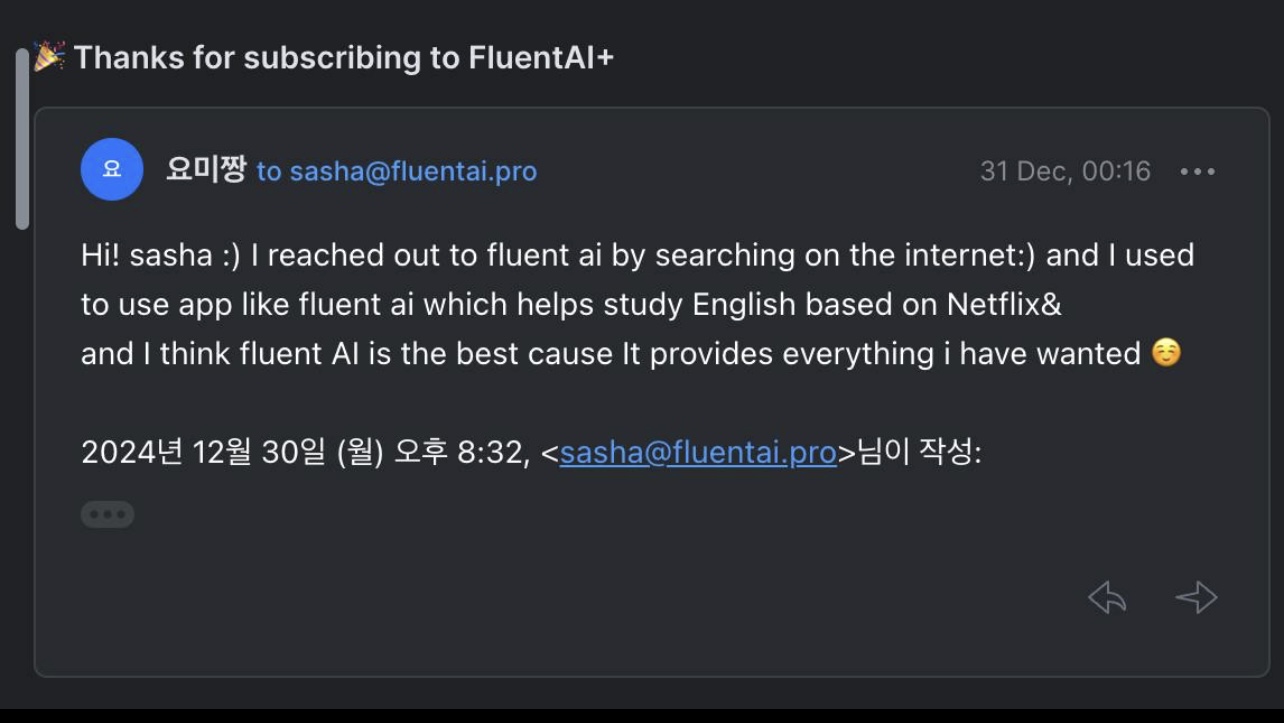 Email testimonial thanking FluentAI team for language learning tool