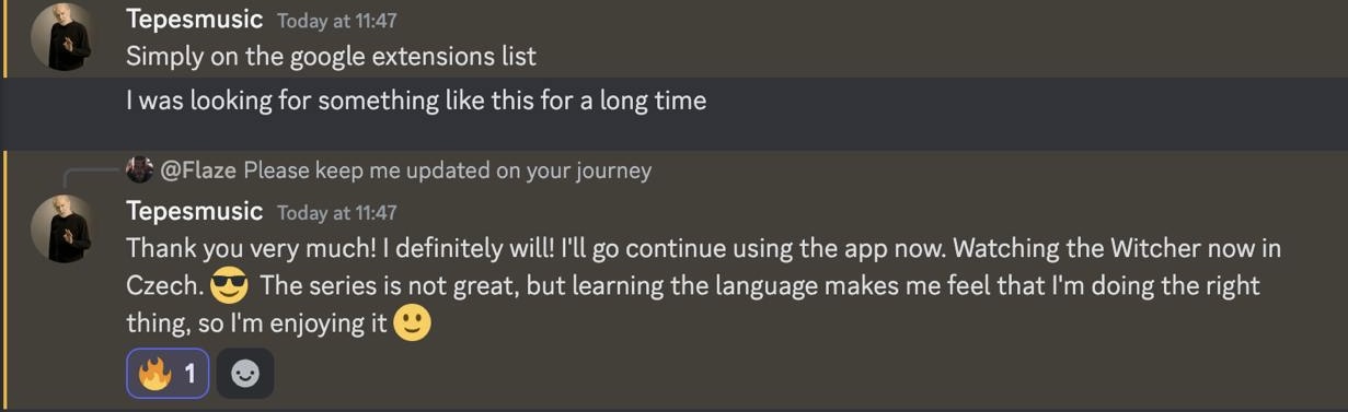Discord message recommending FluentAI as best dual subtitles extension