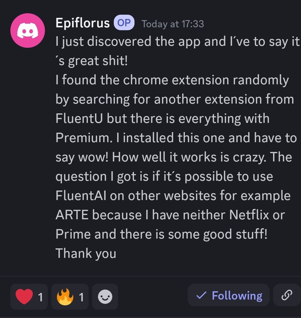 FluentAI user review praising dual subtitles feature for Netflix language learning