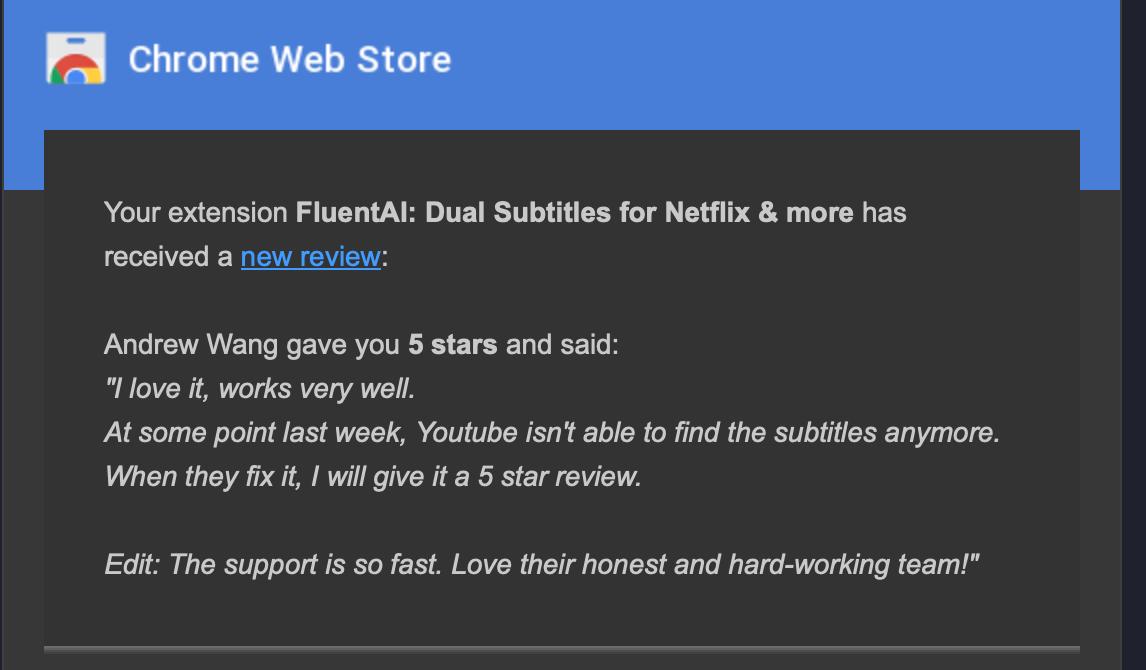 Andrew Wang 5-star Chrome Web Store review praising FluentAI extension with note about fast support