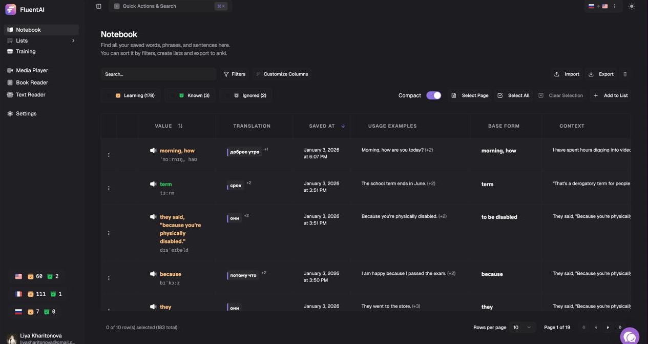 FluentAI notebook with search, filters, and bulk actions