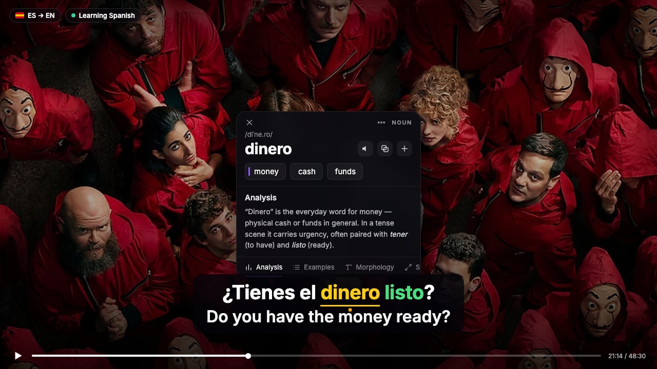 FluentAI on a Spanish show with dual Spanish and English subtitles, hover translation, and word analysis